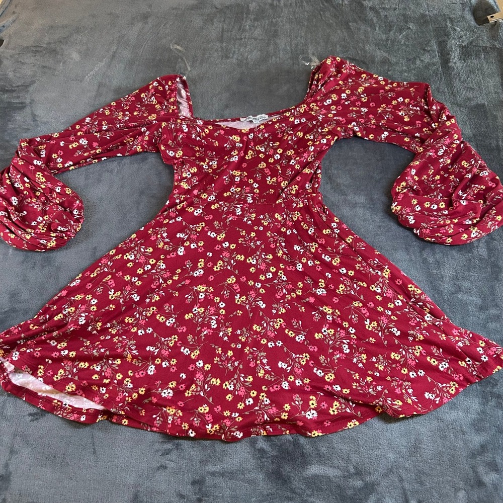 Stillettos Floral Print Mini Dress Long Sleeve Sweetheart Neck Red‎ Womens Small